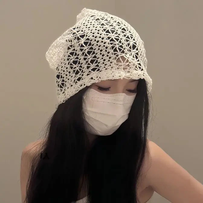 Mesh Hollow Crochet Sleeve Heap Hat Big Head Skull Beanie Cap for Women's