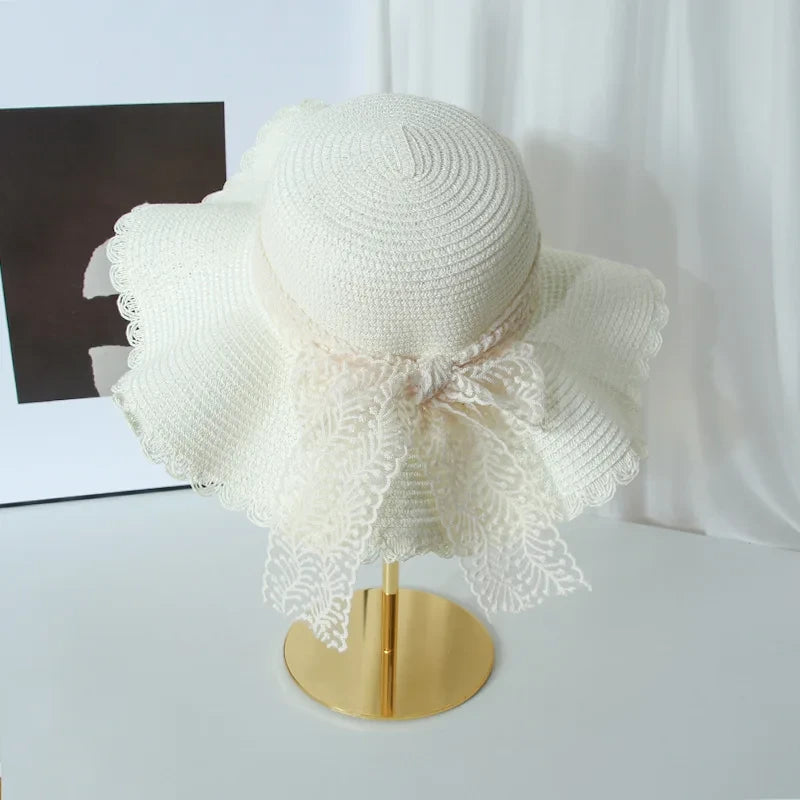 Women's Straw Hat Lace Bow Large Brim Breathable Foldable Sunshade Caps Beach Cap Sweet Fisherman Hat