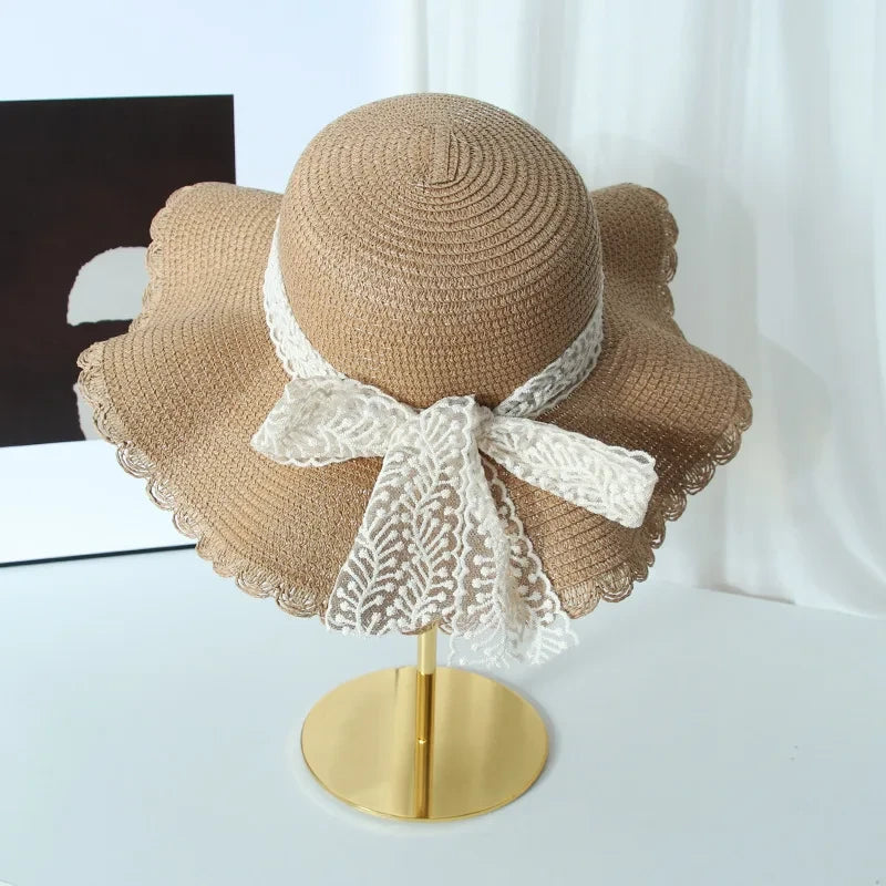 Women's Straw Hat Lace Bow Large Brim Breathable Foldable Sunshade Caps Beach Cap Sweet Fisherman Hat