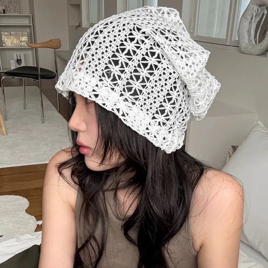 Mesh Hollow Crochet Sleeve Heap Hat Big Head Skull Beanie Cap for Women's