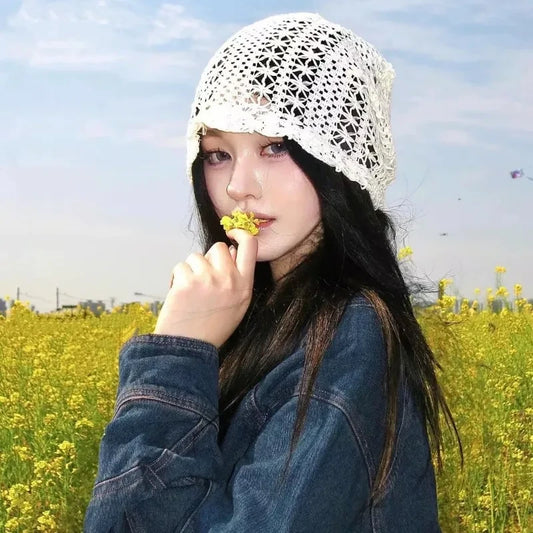 Mesh Hollow Crochet Sleeve Heap Hat Big Head Skull Beanie Cap for Women's