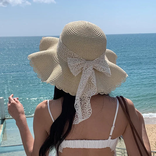 Women's Straw Hat Lace Bow Large Brim Breathable Foldable Sunshade Caps Beach Cap Sweet Fisherman Hat