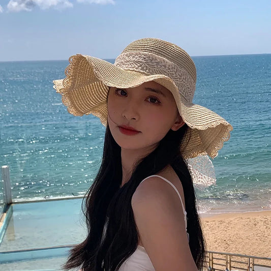 Women's Straw Hat Lace Bow Large Brim Breathable Foldable Sunshade Caps Beach Cap Sweet Fisherman Hat