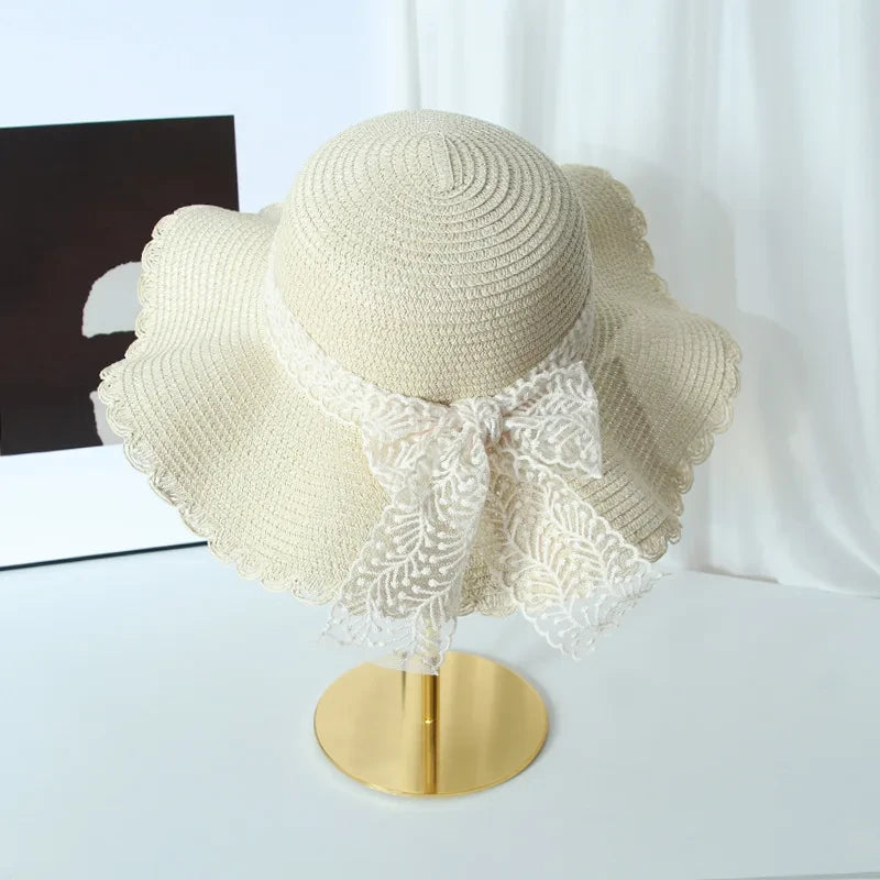 Women's Straw Hat Lace Bow Large Brim Breathable Foldable Sunshade Caps Beach Cap Sweet Fisherman Hat