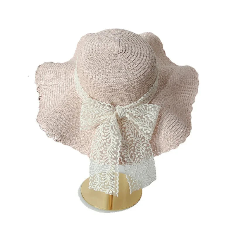 Women's Straw Hat Lace Bow Large Brim Breathable Foldable Sunshade Caps Beach Cap Sweet Fisherman Hat